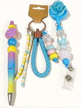 Handcrafted Pastel Beaded Rainbow Smiley Pen Keychain Charm & Rose ID Badge Reel